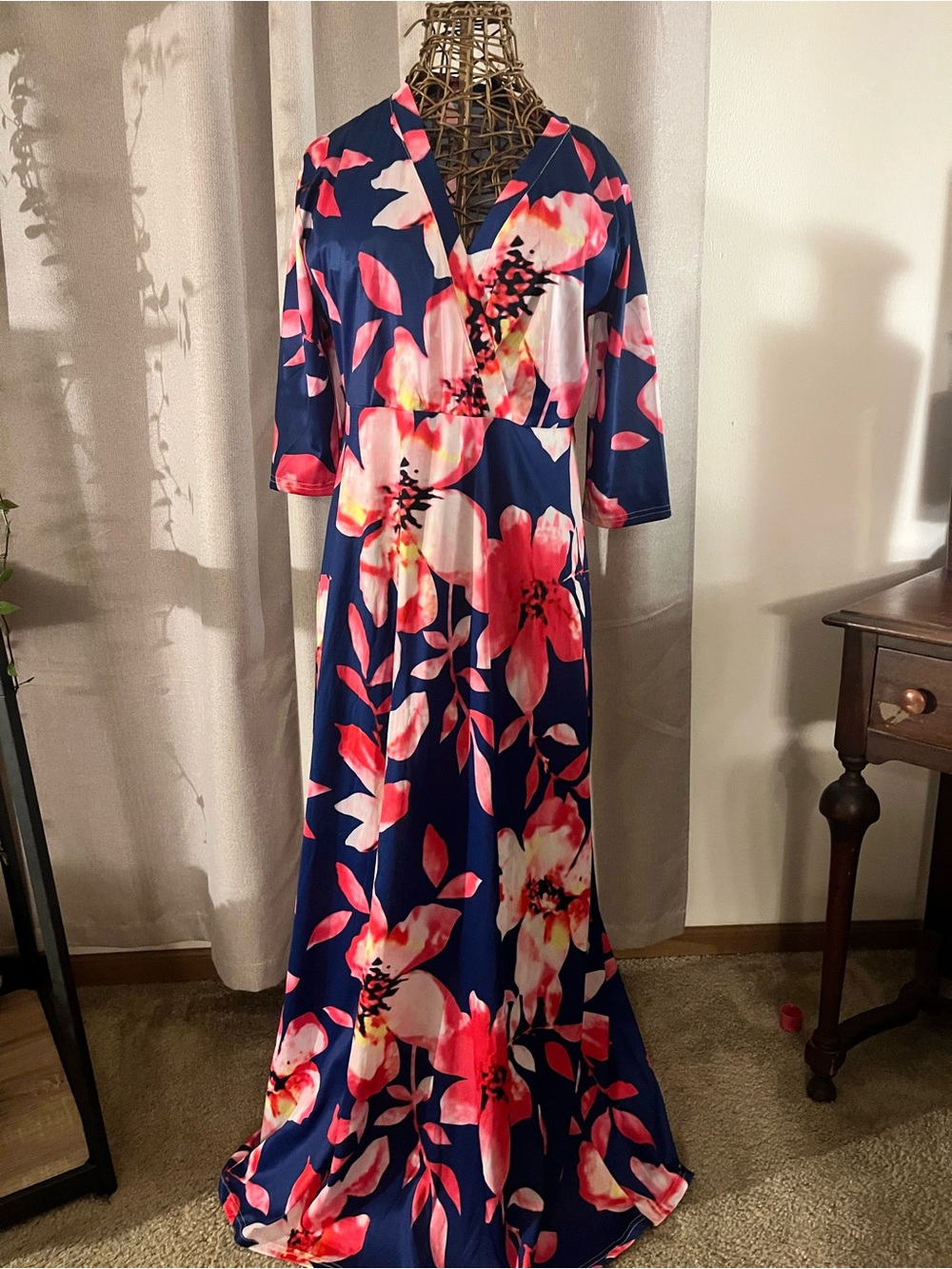 Haoohu Tropical Floral Maxi Dress XXL Navy Pink V-Neck Wrap 3/4 Sleeve
